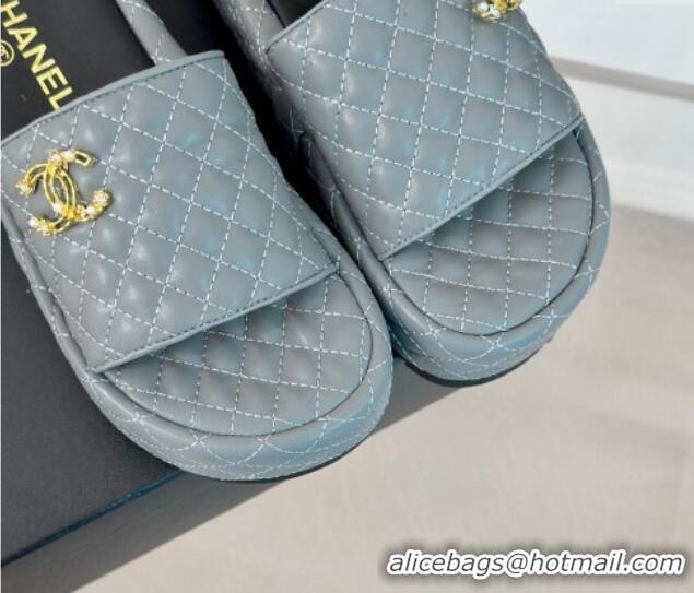 Purchase Chanel Quilted Lambskin Platform Slide Sandals with Strass CC Grey 601023