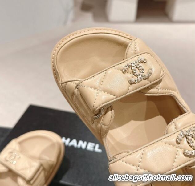 Charming Chanel Quilted Lambskin Strap Flat Sandals with Chain CC Beige 601024