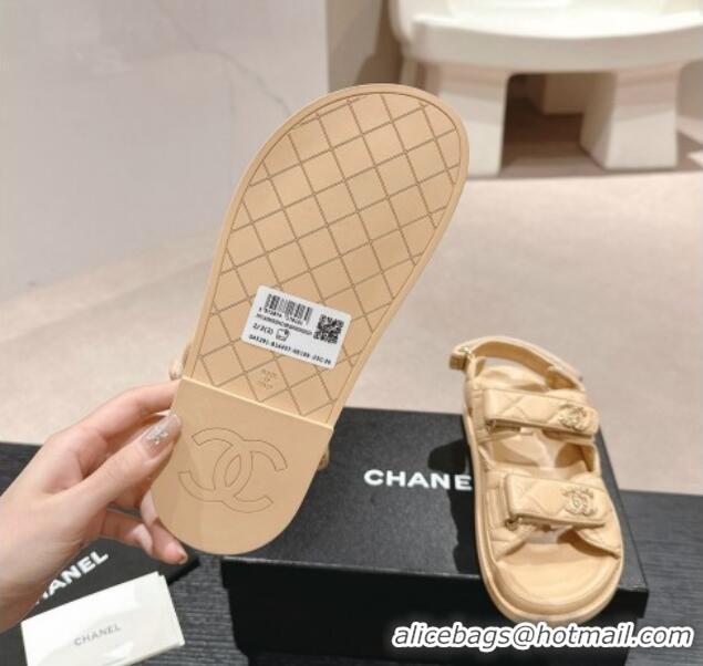 Charming Chanel Quilted Lambskin Strap Flat Sandals with Chain CC Beige 601024