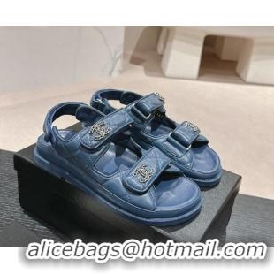 Trendy Design Chanel Quilted Lambskin Strap Flat Sandals with Chain CC Navy Blue 601025