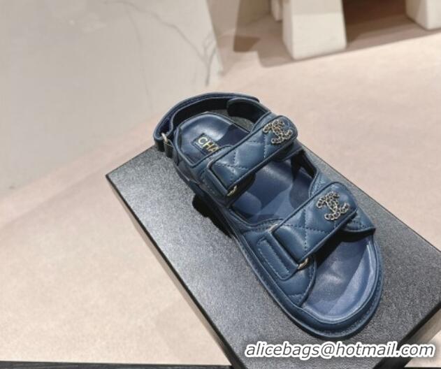 Trendy Design Chanel Quilted Lambskin Strap Flat Sandals with Chain CC Navy Blue 601025