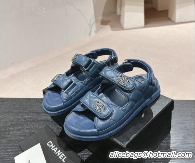 Trendy Design Chanel Quilted Lambskin Strap Flat Sandals with Chain CC Navy Blue 601025