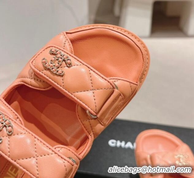 Popular Style Chanel Quilted Lambskin Strap Flat Sandals with Chain CC Peachy Pink 601026