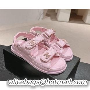 Best Product Chanel Quilted Lambskin Strap Flat Sandals with Chain CC Light Pink 601027