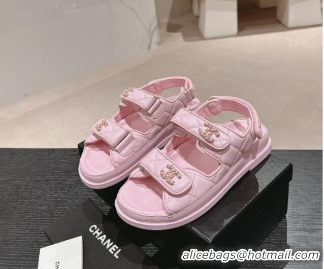 Best Product Chanel Quilted Lambskin Strap Flat Sandals with Chain CC Light Pink 601027