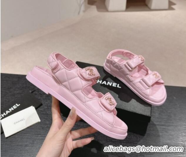 Best Product Chanel Quilted Lambskin Strap Flat Sandals with Chain CC Light Pink 601027