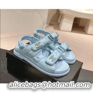 Top Design Chanel Quilted Lambskin Strap Flat Sandals with Chain CC Light Blue 601028