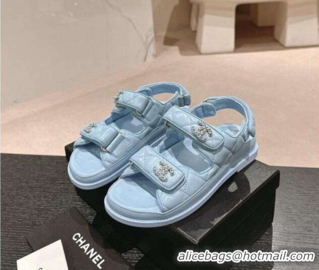 Top Design Chanel Quilted Lambskin Strap Flat Sandals with Chain CC Light Blue 601028