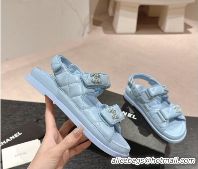 Top Design Chanel Quilted Lambskin Strap Flat Sandals with Chain CC Light Blue 601028