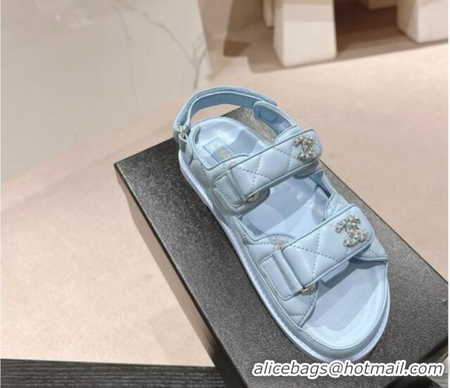 Top Design Chanel Quilted Lambskin Strap Flat Sandals with Chain CC Light Blue 601028