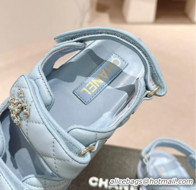 Top Design Chanel Quilted Lambskin Strap Flat Sandals with Chain CC Light Blue 601028