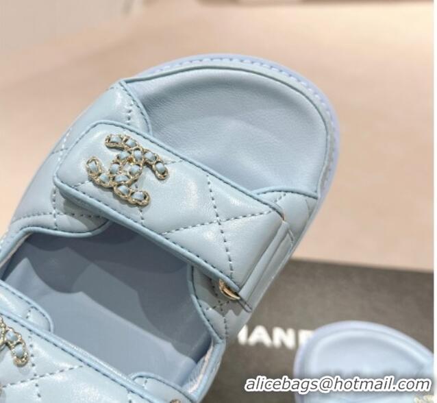 Top Design Chanel Quilted Lambskin Strap Flat Sandals with Chain CC Light Blue 601028