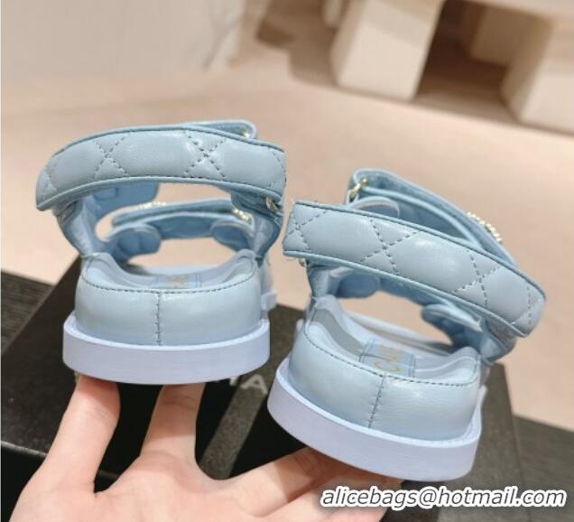 Top Design Chanel Quilted Lambskin Strap Flat Sandals with Chain CC Light Blue 601028