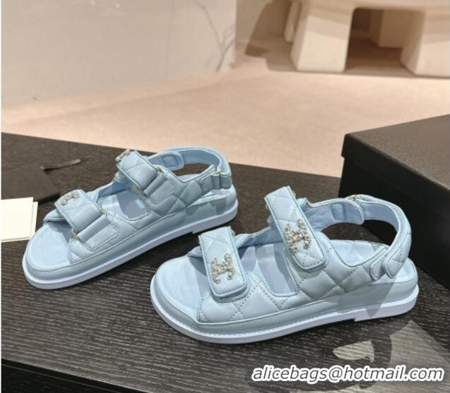 Top Design Chanel Quilted Lambskin Strap Flat Sandals with Chain CC Light Blue 601028