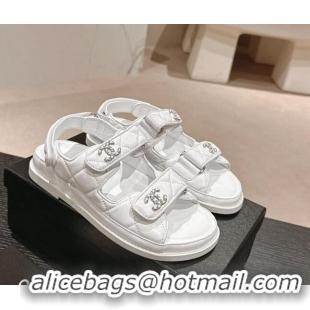 Shop Duplicate Chanel Quilted Lambskin Strap Flat Sandals with Chain CC Optic White 601029