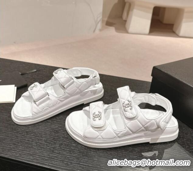 Shop Duplicate Chanel Quilted Lambskin Strap Flat Sandals with Chain CC Optic White 601029