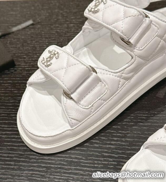 Shop Duplicate Chanel Quilted Lambskin Strap Flat Sandals with Chain CC Optic White 601029