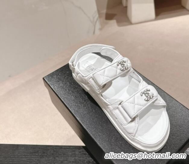 Shop Duplicate Chanel Quilted Lambskin Strap Flat Sandals with Chain CC Optic White 601029