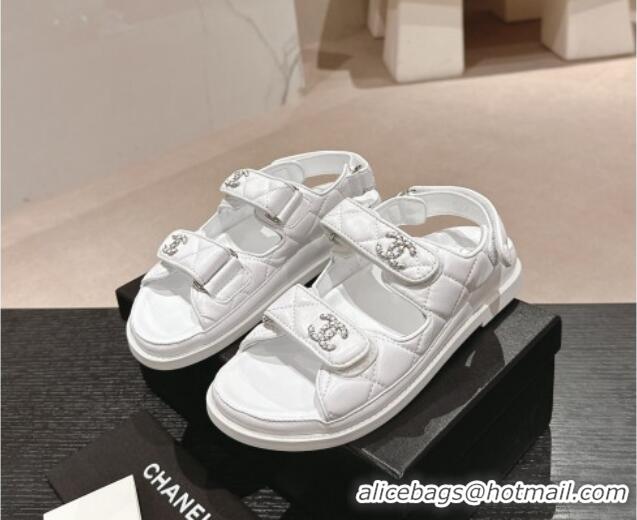 Shop Duplicate Chanel Quilted Lambskin Strap Flat Sandals with Chain CC Optic White 601029