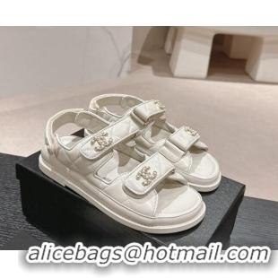 Big Discount Chanel Quilted Lambskin Strap Flat Sandals with Chain CC White 601030