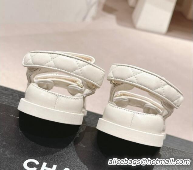 Big Discount Chanel Quilted Lambskin Strap Flat Sandals with Chain CC White 601030