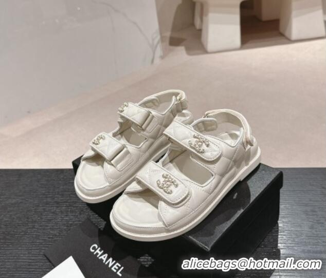 Big Discount Chanel Quilted Lambskin Strap Flat Sandals with Chain CC White 601030