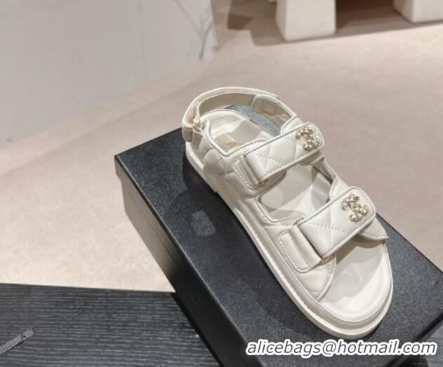 Big Discount Chanel Quilted Lambskin Strap Flat Sandals with Chain CC White 601030