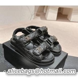 Good Looking Chanel Quilted Lambskin Strap Flat Sandals with Chain CC Black 601032