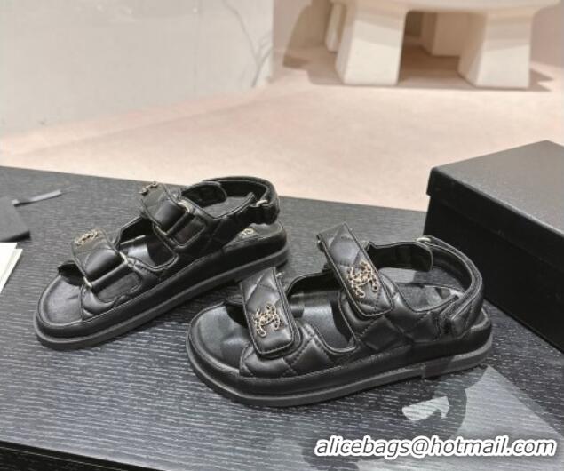 Good Looking Chanel Quilted Lambskin Strap Flat Sandals with Chain CC Black 601032