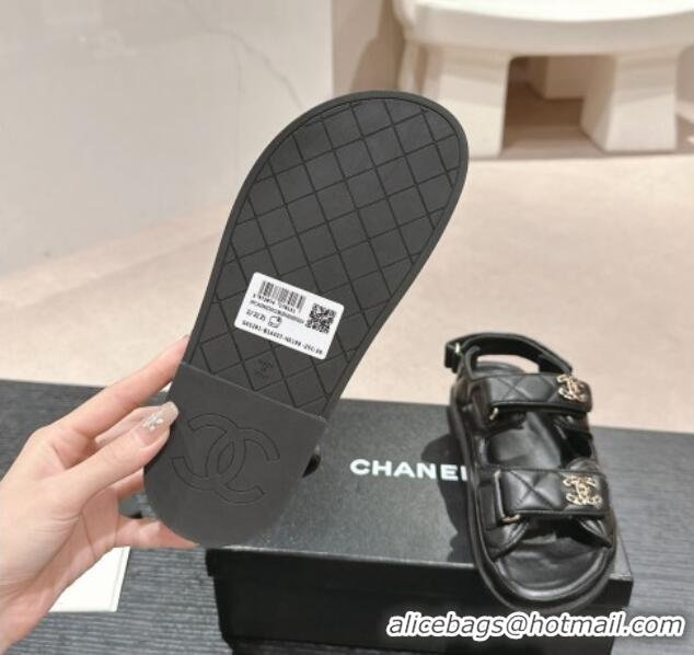 Good Looking Chanel Quilted Lambskin Strap Flat Sandals with Chain CC Black 601032