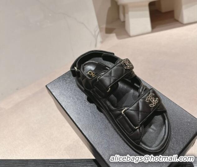 Good Looking Chanel Quilted Lambskin Strap Flat Sandals with Chain CC Black 601032