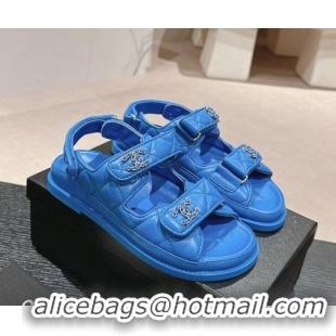 Best Price Chanel Quilted Lambskin Strap Flat Sandals with Chain CC Sky Blue 601033