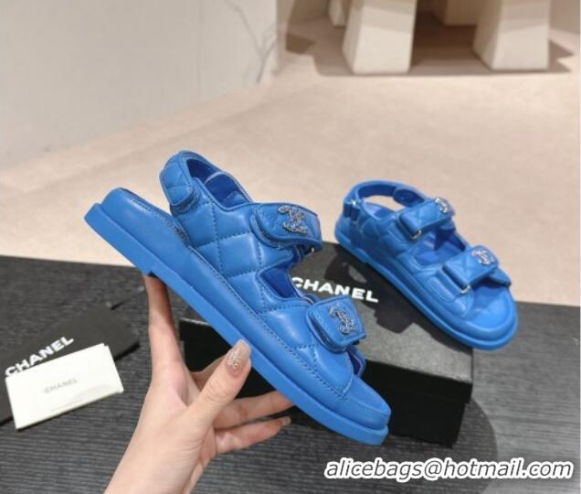 Best Price Chanel Quilted Lambskin Strap Flat Sandals with Chain CC Sky Blue 601033