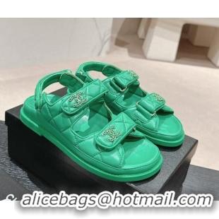 Unique Style Chanel Quilted Lambskin Strap Flat Sandals with Chain CC Green 601034