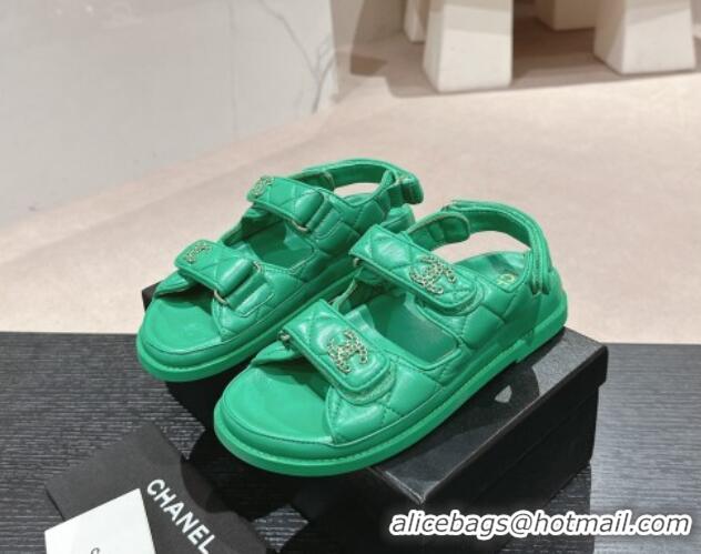 Unique Style Chanel Quilted Lambskin Strap Flat Sandals with Chain CC Green 601034