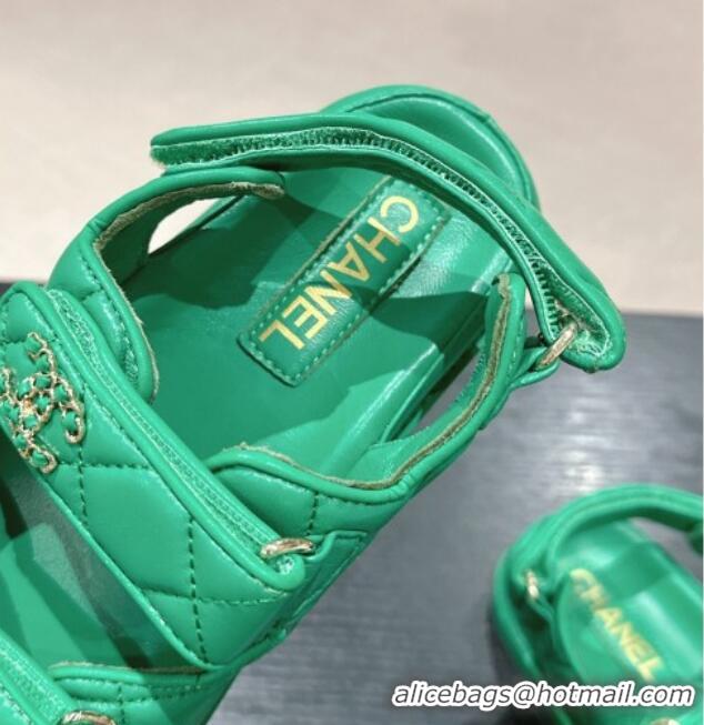 Unique Style Chanel Quilted Lambskin Strap Flat Sandals with Chain CC Green 601034