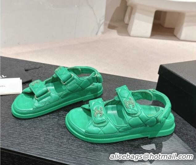 Unique Style Chanel Quilted Lambskin Strap Flat Sandals with Chain CC Green 601034