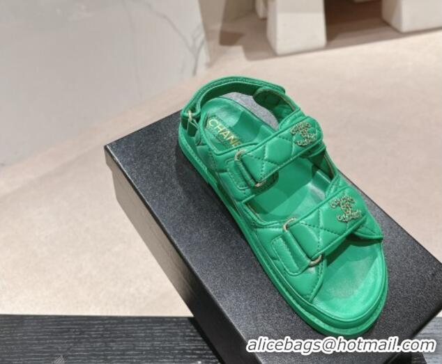 Unique Style Chanel Quilted Lambskin Strap Flat Sandals with Chain CC Green 601034