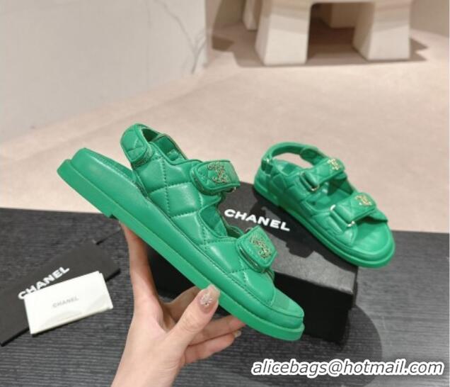 Unique Style Chanel Quilted Lambskin Strap Flat Sandals with Chain CC Green 601034