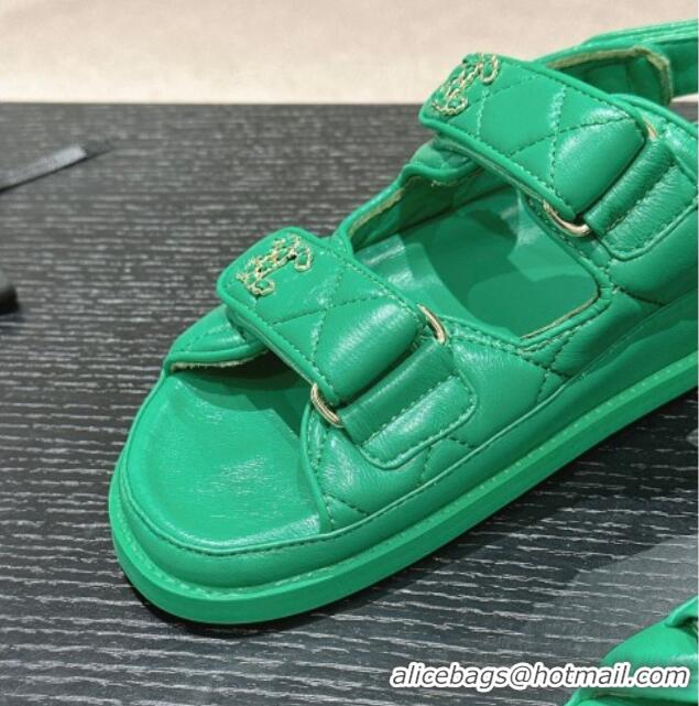 Unique Style Chanel Quilted Lambskin Strap Flat Sandals with Chain CC Green 601034