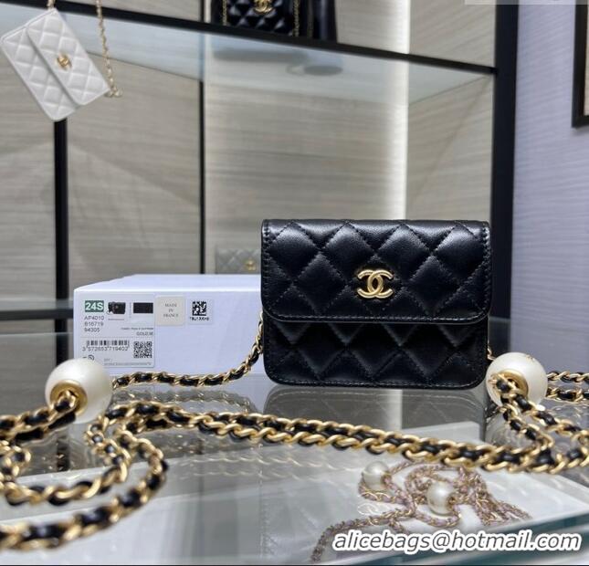 Market Sells Chanel Lambskin Clutch with Pearls Chain AP4010 Black 2024