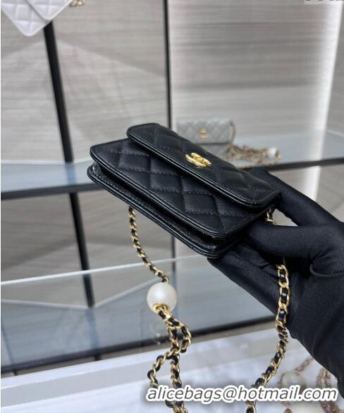 Market Sells Chanel Lambskin Clutch with Pearls Chain AP4010 Black 2024