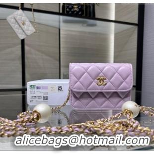 Luxury Classic Chanel Lambskin Clutch with Pearls Chain AP4010 Light Purple 2024