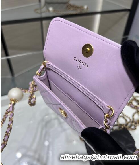 Luxury Classic Chanel Lambskin Clutch with Pearls Chain AP4010 Light Purple 2024