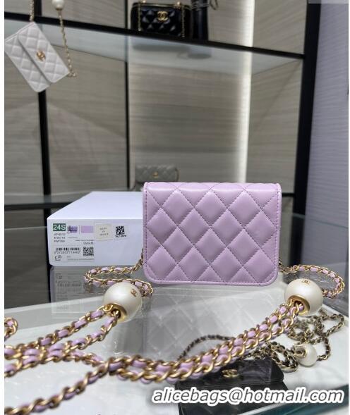 Luxury Classic Chanel Lambskin Clutch with Pearls Chain AP4010 Light Purple 2024