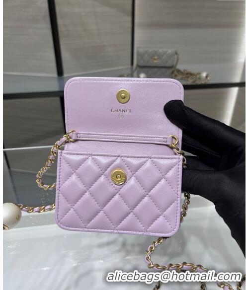 Luxury Classic Chanel Lambskin Clutch with Pearls Chain AP4010 Light Purple 2024