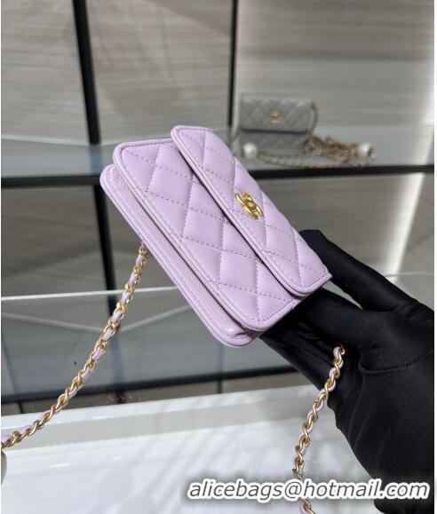 Luxury Classic Chanel Lambskin Clutch with Pearls Chain AP4010 Light Purple 2024