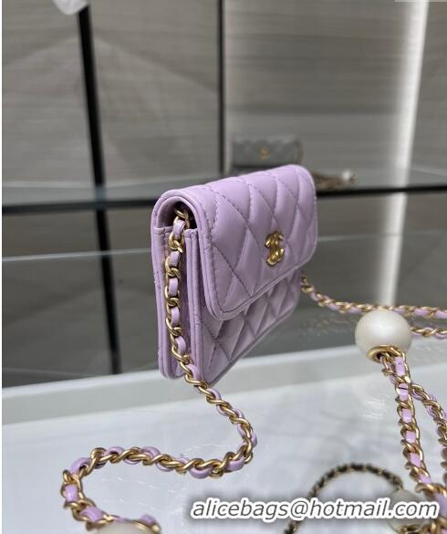 Luxury Classic Chanel Lambskin Clutch with Pearls Chain AP4010 Light Purple 2024