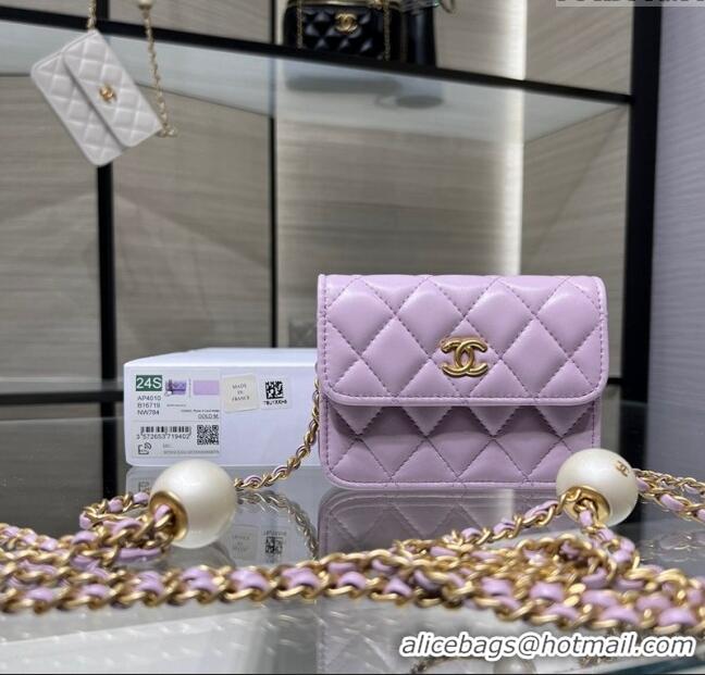 Luxury Classic Chanel Lambskin Clutch with Pearls Chain AP4010 Light Purple 2024