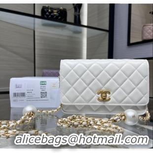 Luxury Classic Chanel Lambskin Wallet On Pearls Chain WOC AP3964 White 2024